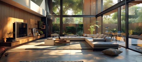 Wall Mural - This image showcases a beautifully modern living room filled with an array of furniture and an abundance of windows, allowing natural light to flood the space. The room features a sofa, coffee table