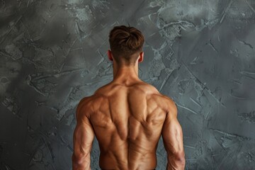 Wall Mural - Attractive male body builder s back on gray background