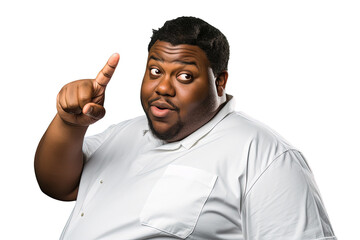 Close up of a fat african man pointing with his finger