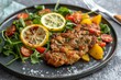 Close up horizontal view of a plate with veal milanese and a lemon vegetable salad