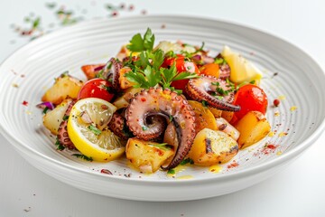 Canvas Print - Close up of a white plate bearing a warm salad with octopus potatoes tomatoes and lemon