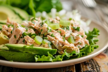 Canvas Print - Delicious and nutritious tuna salad with avocado celery spring onion and iceberg lettuce