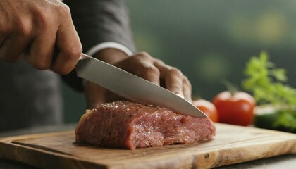 Wall Mural - Man cutting beef meat 