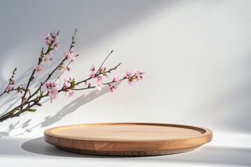 Wall Mural - empty wooden podium for product presentation with spring flowers and shadows on white background