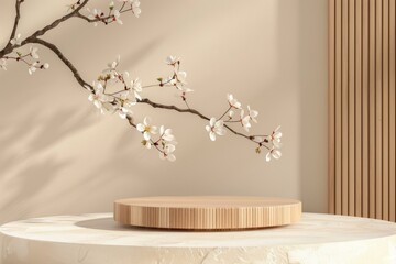 Wall Mural - empty wooden podium with geometric stand displaying product against spring floral background