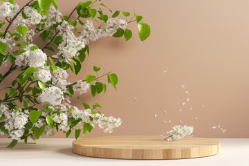 Wall Mural - empty wooden podium with lilac flowers on light background