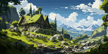 Little Green House On Large Boulders,illustration,digital Painting