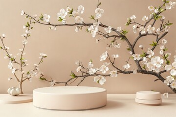 Wall Mural - front view of geometric podium with white spring flowers on pastel beige background