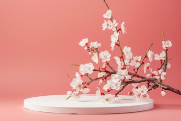 Wall Mural - front view of an elliptical podium stand displaying cosmetics alongside a pink background featuring 