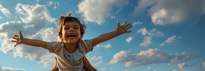 father with his son on his shoulders enjoying life with a big smile