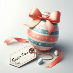 Sticker - painted easter egg with bow and label concept easter on white background with free space created with generative ai.	