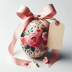 Sticker - painted easter egg with bow and label concept easter on white background with free space created with generative ai.	