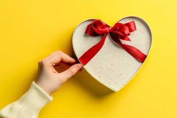 Elegant heart-shaped gift box with red ribbon on yellow background