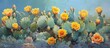 A painting depicting a vibrant Opuntia Prickly Pear cactus adorned with bright yellow flower blossoms. The artwork showcases the stunning display of the cactus in full bloom.