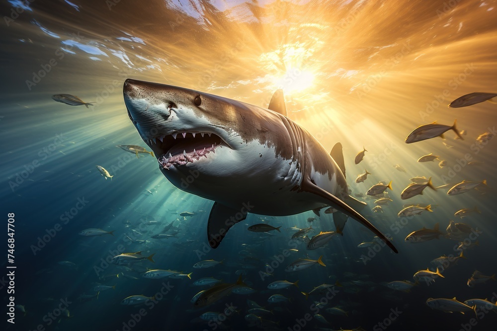 Shark Fin Rays Great white shark with its main four fins swimming under sun rays in ...