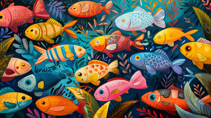 Wall Mural - A poster design shows lots of vibrant colorful fish in various colors. In the style of pattern-based painting.