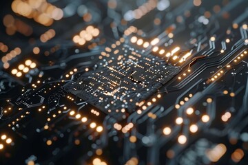 Poster - Close-up view of a modern circuit board with illuminated led lights in technology concept