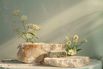 Minimalist flowers adorn a stone podium in an empty space Product presentation with a beautiful beige and green natural background