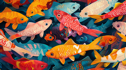 Wall Mural - A poster design shows lots of vibrant colorful fish in various colors. In the style of pattern-based painting.