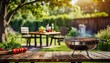 © adobedesigner - Summer time in backyard garden with grill BBQ, wooden table, blurred background