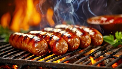 Wall Mural - Grilled juicy sausages on a grill with fire. Shallow depth of field