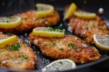 Wall Mural - Pan fried pork schnitzel served with lemon wedges