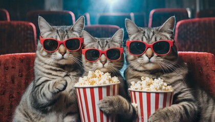 Wall Mural - Cats in 3d glasses is eating popcorn and watching a movie in the cinema. 