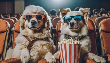 Wall Mural - Pets in 3d glasses is eating popcorn and watching a movie in the cinema.	
