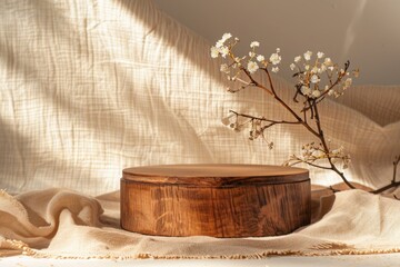 Wall Mural - product collage featuring wooden podium on beige background