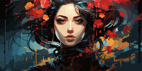 Wall Mural - Portrait of a Japanese geisha with a painted face. Cyberpunk neon lights vector flat bright colors