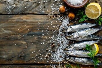 Canvas Print - Salty sardines on wooden backdrop