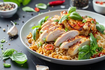 Poster - Spicy stir fried noodles with chicken and basil on a white plate