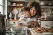 © Joaquin Corbalan - Happy mother smiling and hugging child while looking at a recipe book together.