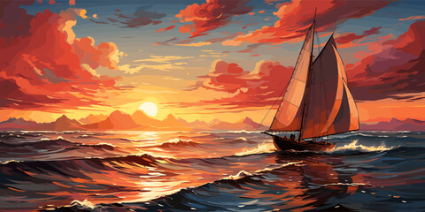 Wall Mural - sailboat in the sea with the evening sunlight, digital art style, illustration painting