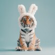 A cute little tiger wearing a hat with bunny ears on blue pastel background. Abstract minimal Easter concept.	