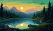 serene landscape beautiful scene evening lake colorful green lush summer mountains forest vector banner illustration