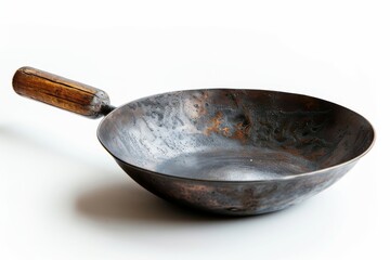 White isolated Chinese wok with wooden handle
