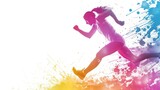 Fototapeta Londyn - female athlete with sports clothing jogging or running with bright colored smoke on white background in high resolution and high quality