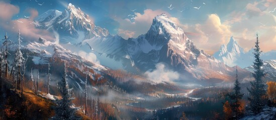 Poster - The painting depicts a sprawling snowy mountain landscape, with towering peaks, snow-covered trees, and a clear sky.