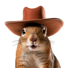 Wall Mural - Close up portrait of a squirrel with cowboy hat, isolated on transparent background