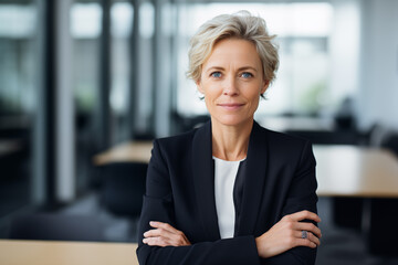 Portrait of mature businesswoman standing with arms crossed in modern office