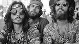 Fototapeta Londyn - Group portrait of hippies people at street, 1970th, retro vintage photo 