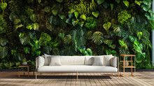 A Living Room Interior With White Couch And Wooden Furniture In Urban Jungle Style