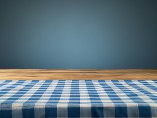 A blue checkered tablecloth on a wooden table creates a wide backdrop for text. The image is horizontal.