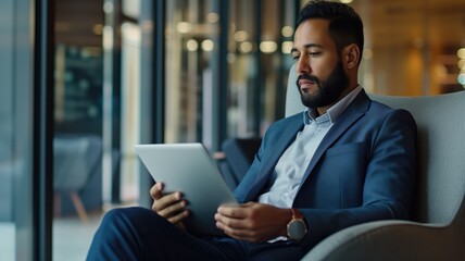 Professional businessman focused on using a tablet in a contemporary office space