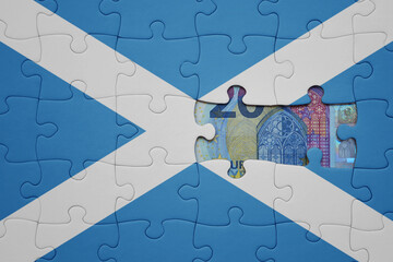 Wall Mural - puzzle with the national flag of scotland and euro banknote. finance concept