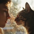 portrait handsome young hipster man, hugs his good friend ginger cat on white wall background. Positive human emotions, facial expression, feelings. People and animals in love