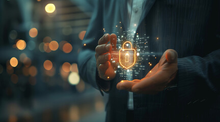 Poster - Businessman holding lock icon, networking and ensuring information security, secure connection, data protection, confidentiality service, cybersecurity measures, and secure network