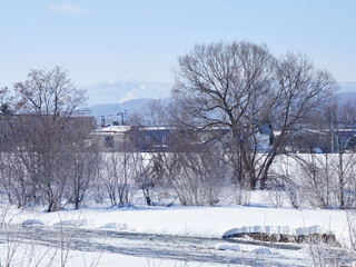 冬の北海道の旭川市の郊外の街の雪風景