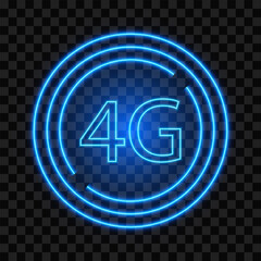 4G wireless network sign, blue neon technology icon, vector illustration.